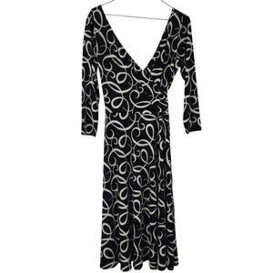 B. Calm Black Cream V-Neck Midi Dress Size 10